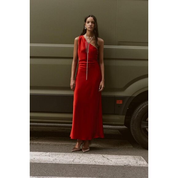 ZARA ASYMMETRIC SATIN EFFECT MIDI DRESS - Picture 2 of 9